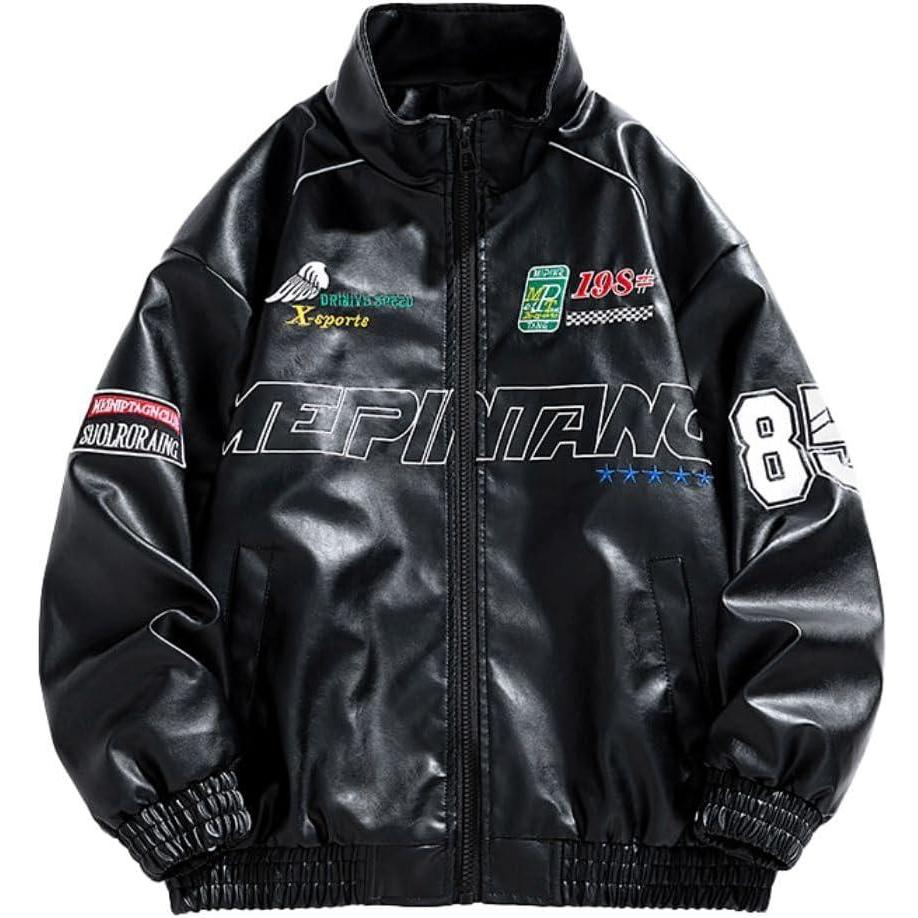 imageWomens Faux Leather Racing Jacket Oversized Moto Bomber Varsity Coat with Graphic Print Unisex StreetwearBlack