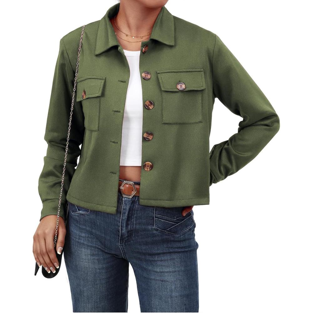 imageWomens Faux Suede Cropped Jacket Casual Button Down Fall Shacket Jackets Long Sleeve Outerwear CoatsArmy Green