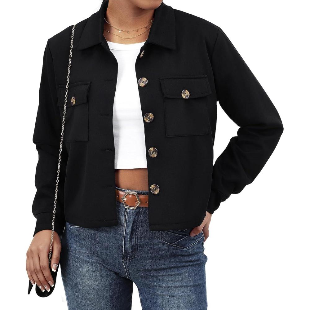 imageWomens Faux Suede Cropped Jacket Casual Button Down Fall Shacket Jackets Long Sleeve Outerwear CoatsBlack