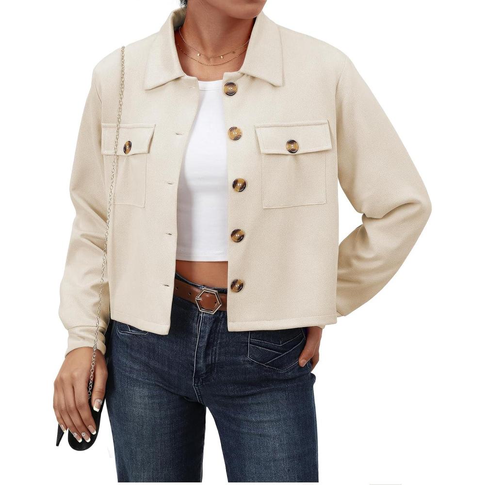 imageWomens Faux Suede Cropped Jacket Casual Button Down Fall Shacket Jackets Long Sleeve Outerwear CoatsLight Beige