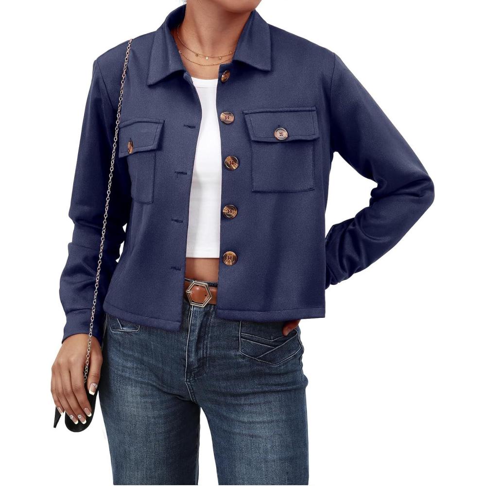 imageWomens Faux Suede Cropped Jacket Casual Button Down Fall Shacket Jackets Long Sleeve Outerwear CoatsNavy