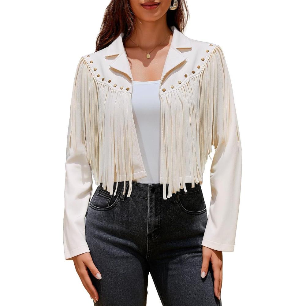 imageWomens Fringe Faux Suede Leather Jackets Fashion Fall Western Tassel Motorcycle Cropped Open Front Coats with RivetsBeige Apricot