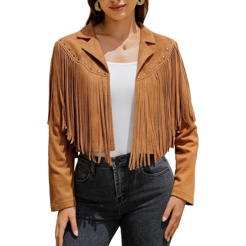 imageWomens Fringe Faux Suede Leather Jackets Fashion Fall Western Tassel Motorcycle Cropped Open Front Coats with RivetsBrown
