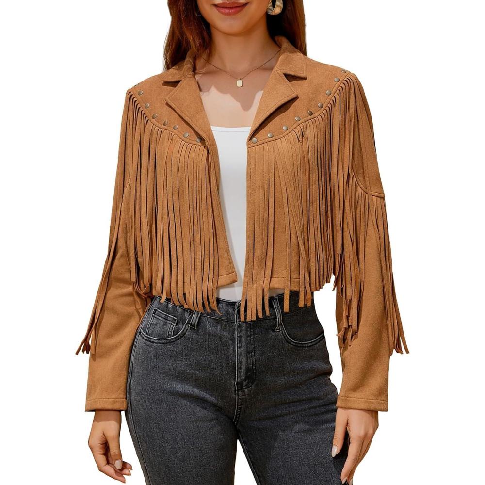 imageWomens Fringe Faux Suede Leather Jackets Fashion Fall Western Tassel Motorcycle Cropped Open Front Coats with RivetsBrown Fringed Sleeves