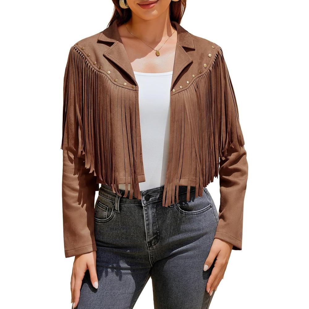 imageWomens Fringe Faux Suede Leather Jackets Fashion Fall Western Tassel Motorcycle Cropped Open Front Coats with RivetsCoffee