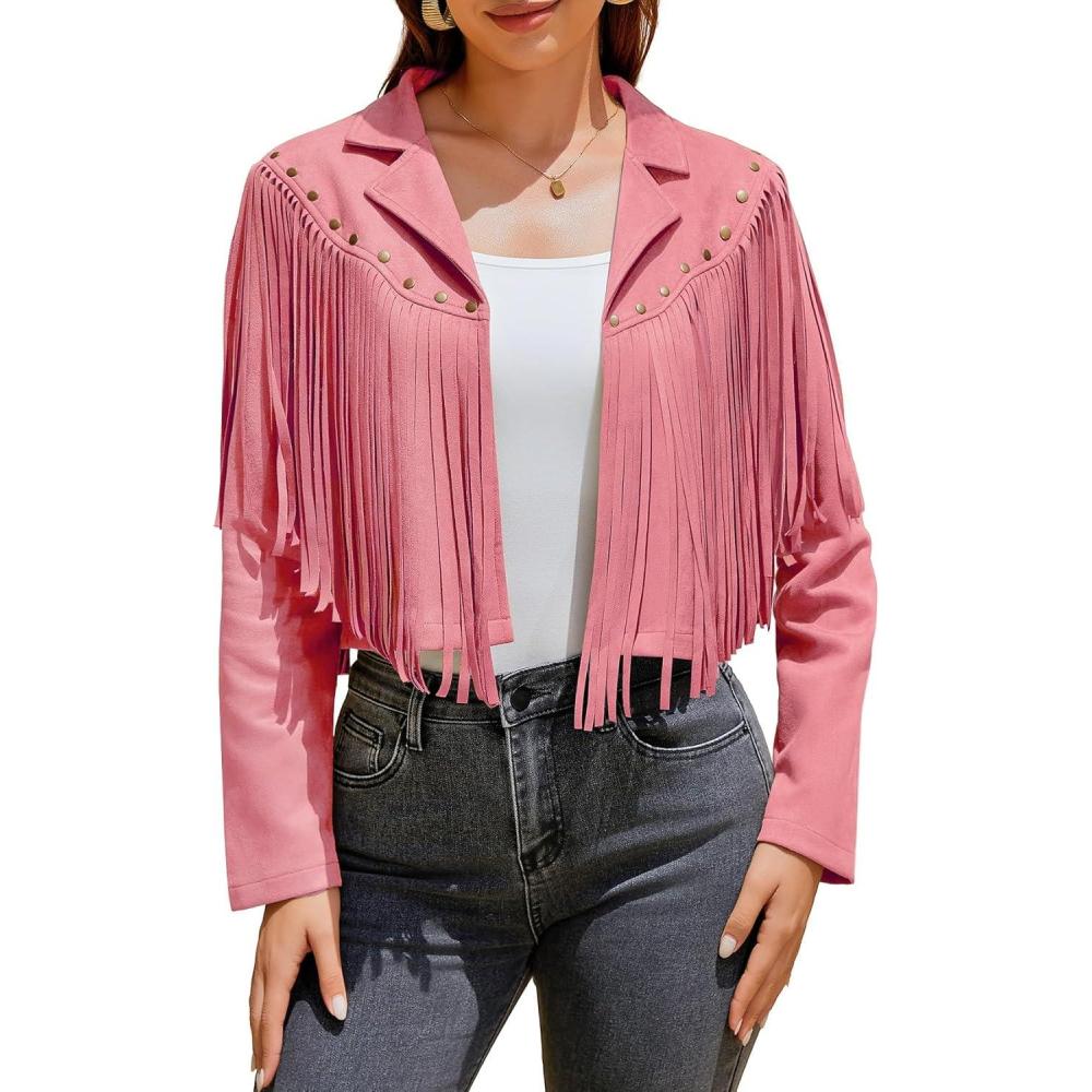 imageWomens Fringe Faux Suede Leather Jackets Fashion Fall Western Tassel Motorcycle Cropped Open Front Coats with RivetsRose Pink
