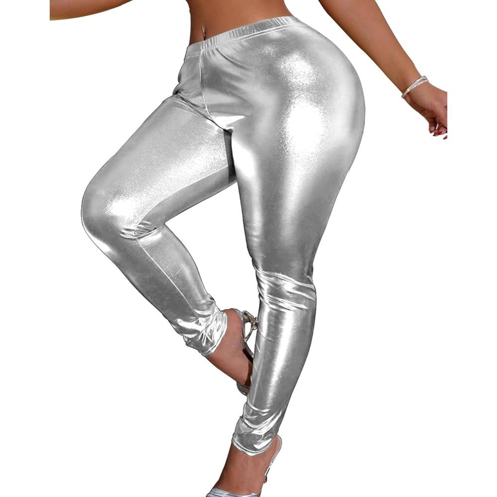 imageWomens High Waisted Faux Leather Pants Stretchy Shiny Metallic LeggingsSilver