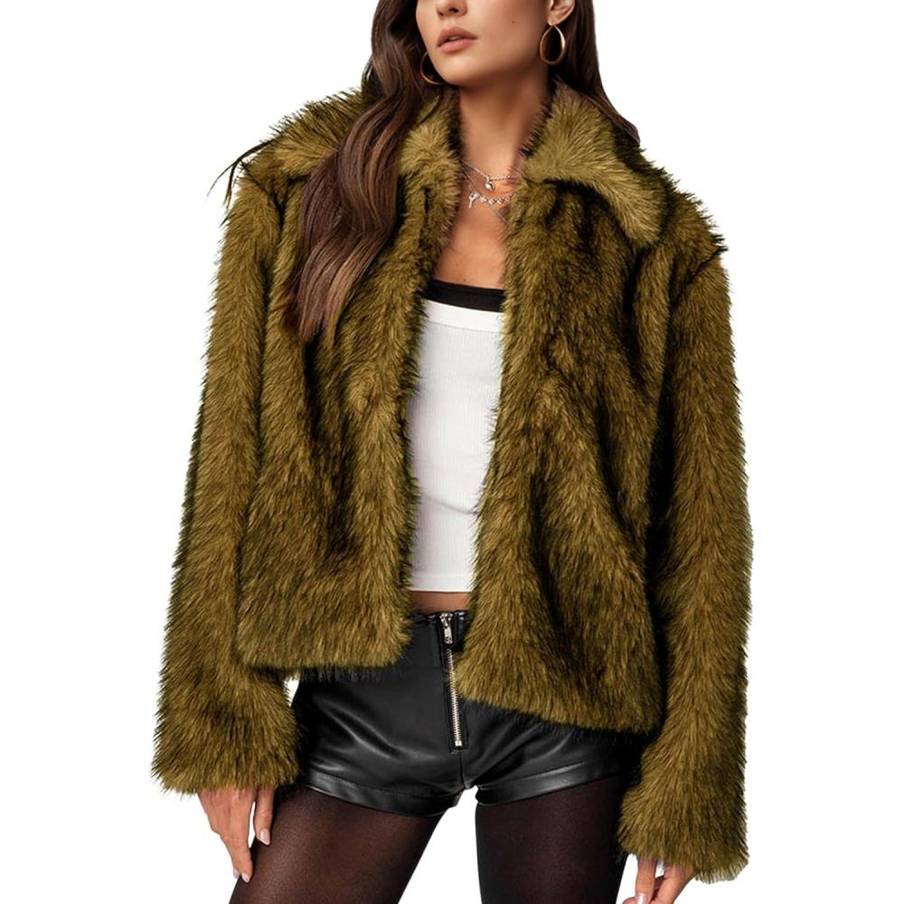 imageWyeysyt Womens Faux Fur Coat Cropped Lapel Fur Jacket Fluffy Open Front Fuzzy Winter Short Coat OuterwearBrown Black