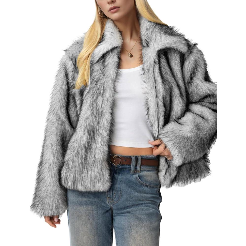 imageWyeysyt Womens Faux Fur Coat Cropped Lapel Fur Jacket Fluffy Open Front Fuzzy Winter Short Coat OuterwearWhite Black