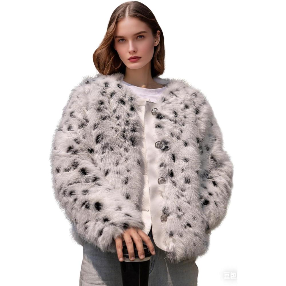 imageXULIKU Women Faux Fur Snow Leopard Print Jacket Hip Length Long Sleeve Button Front 2 Pockets White with Black SpotsWhite With Black Spots