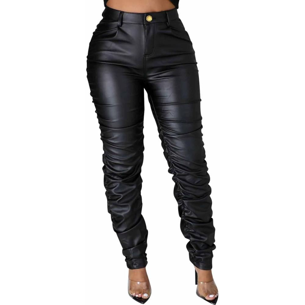 imageZebaexf Womens Stretchy Faux Leather Leggings PantsHigh Waist Stacked Pants for WomenBlack