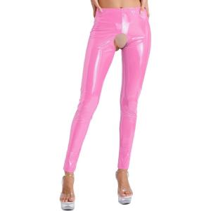 ACSUSS Womens Glossy Patent Leather Crotchless Pants Leggings High Waist Long Pants Sexy Clubwear(Pink)