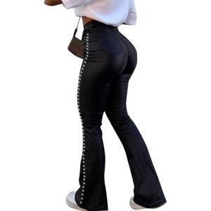 Avanova Women Faux Leather Butt Lifting Leggings Flare High Waist Sexy Bell Bottom Pants(Black a)