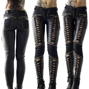 Bandage Goth Y2K Sexy Tight Trousers Women Gothic Faux Leather Hollow Out PU Lady Punk Rock Skinny Pant(Black)
