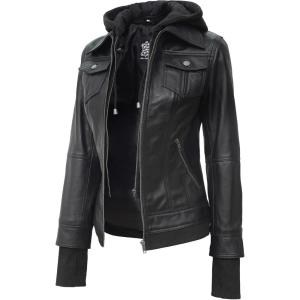 Blingsoul Hooded Leather Jacket Women – Real Lambskin Womens Leather Jackets with Detachable Hood(Black – Betty Jacket)