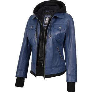 Blingsoul Hooded Leather Jacket Women – Real Lambskin Womens Leather Jackets with Detachable Hood(Blue – Betty Jacket)