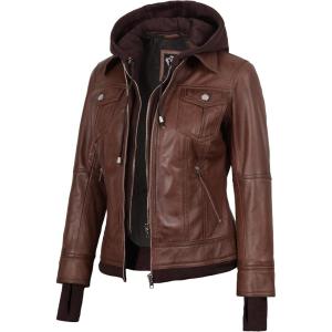 Blingsoul Hooded Leather Jacket Women – Real Lambskin Womens Leather Jackets with Detachable Hood(Cognac – Tralee Jacket)