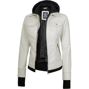 Blingsoul Hooded Leather Jacket Women – Real Lambskin Womens Leather Jackets with Detachable Hood(Off White – Betty Jacket)