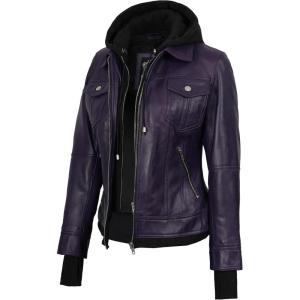 Blingsoul Hooded Leather Jacket Women – Real Lambskin Womens Leather Jackets with Detachable Hood(Purple – Betty Jacket)