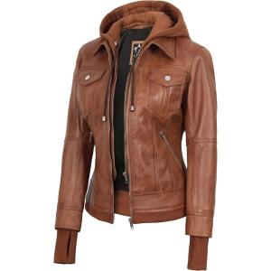 Blingsoul Hooded Leather Jacket Women – Real Lambskin Womens Leather Jackets with Detachable Hood(Tralee – Brown Jacket)