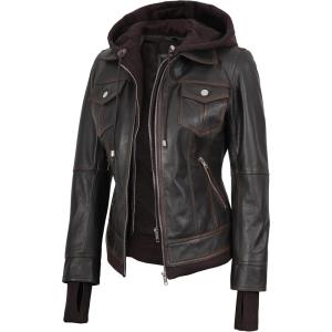 Blingsoul Hooded Leather Jacket Women – Real Lambskin Womens Leather Jackets with Detachable Hood(Tralee – Ruboff Brown Jacket)