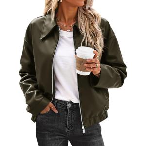 Cicy Bell Womens Faux Leather Bomber Jackets Cropped Motorcycle Casual Coats Fall Trendy Zip Up Outerwear(Army Green)