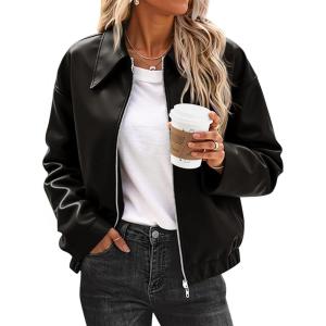 Cicy Bell Womens Faux Leather Bomber Jackets Cropped Motorcycle Casual Coats Fall Trendy Zip Up Outerwear(Black)