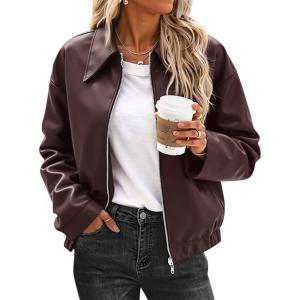 Cicy Bell Womens Faux Leather Bomber Jackets Cropped Motorcycle Casual Coats Fall Trendy Zip Up Outerwear(Brown)