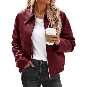 Cicy Bell Womens Faux Leather Bomber Jackets Cropped Motorcycle Casual Coats Fall Trendy Zip Up Outerwear(Wine Red)
