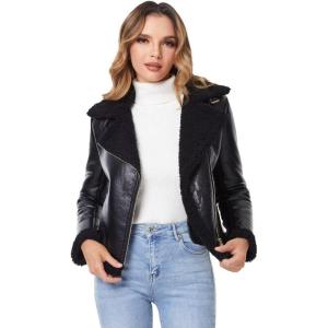 DIASHINY Women’s Faux Shearing Fur Winter Coat Warm Thick Fur Lined Faux Leather Jacket(039 Black)