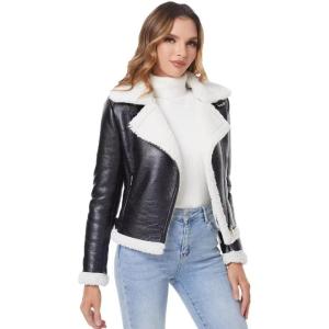 DIASHINY Women’s Faux Shearing Fur Winter Coat Warm Thick Fur Lined Faux Leather Jacket(039 Black-white)