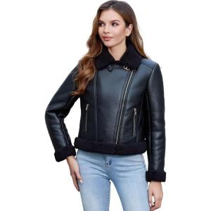 DIASHINY Women’s Faux Shearing Fur Winter Coat Warm Thick Fur Lined Faux Leather Jacket(104 Black)