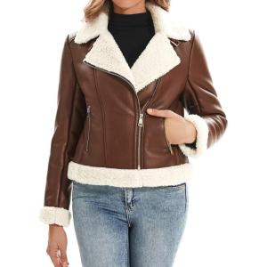 DIASHINY Women’s Faux Shearing Fur Winter Coat Warm Thick Fur Lined Faux Leather Jacket(104 Brown)