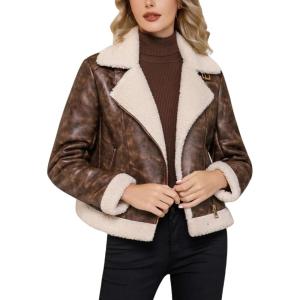 DIASHINY Women’s Faux Shearing Fur Winter Coat Warm Thick Fur Lined Faux Leather Jacket(104 Mixed Brown)