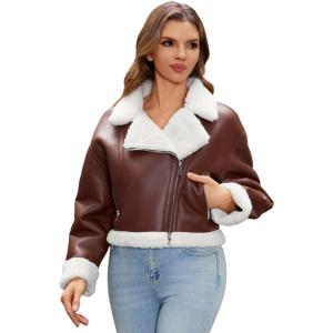 DIASHINY Women’s Faux Shearing Fur Winter Coat Warm Thick Fur Lined Faux Leather Jacket(138 Brown)