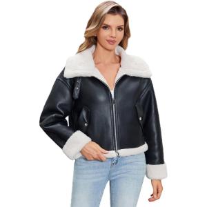 DIASHINY Women’s Faux Shearing Fur Winter Coat Warm Thick Fur Lined Faux Leather Jacket(139 Black)