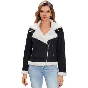 DIASHINY Women’s Faux Shearing Fur Winter Coat Warm Thick Fur Lined Faux Leather Jacket(141 Black)