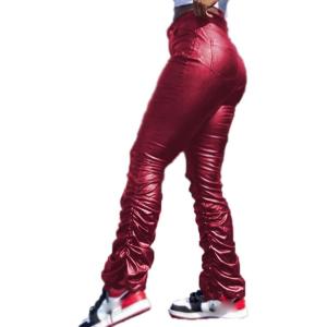 ECDAHICC Women’s PU Leather Stacked Pants Shiny High Waisted Faux Leather Bell Bottom Pants Ruched Leggings Clubwear(Wine Red)