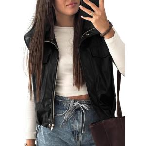 EVALESS Faux Leather Jacket Women Sleeveless Motorcycle Coat Zip Up Vest Jackets Fall Fashion Outfits Winter Clothes(Black)