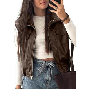 EVALESS Faux Leather Jacket Women Sleeveless Motorcycle Coat Zip Up Vest Jackets Fall Fashion Outfits Winter Clothes(Brown)