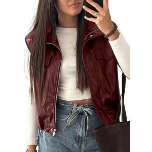 EVALESS Faux Leather Jacket Women Sleeveless Motorcycle Coat Zip Up Vest Jackets Fall Fashion Outfits Winter Clothes(Burgundy)