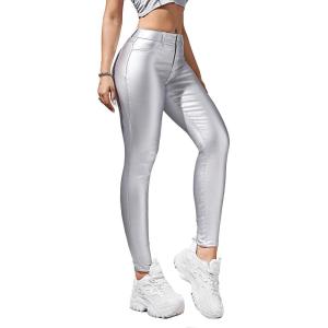 Faux Leather Stretchy Skinny Jeggings Coated Faux Leather Legging Pants Mid Waisted with Pockets(Silver)