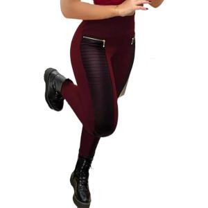 Flamingals Faux Leather Leggings for Women Tummy Control High Waisted Motorcycle Leggings Women with Pockets Patch Zip(Burgundy)