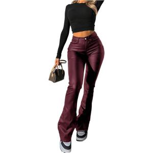 Floerns Women’s Faux Leather Flare Leggings High Waisted Party Bell Bottom Pants Clubwear(Burgundy)