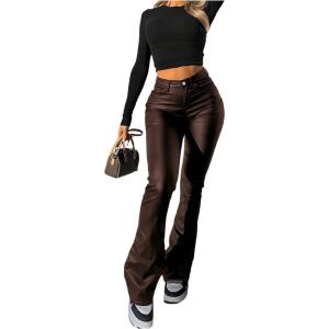 Floerns Women’s Faux Leather Flare Leggings High Waisted Party Bell Bottom Pants Clubwear(Chocolate Brown)