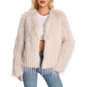 Fur Coats For Women, 2025 Plus Size Mongolian Faux Fuzzy Jacket Fluffy Long Sleeve Winter Coat with Pockets.(Apricot Tassels)