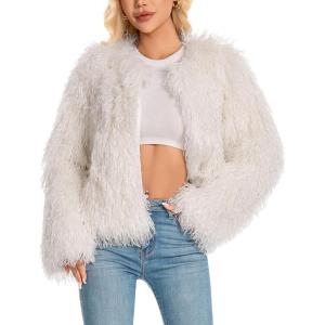Fur Coats For Women, 2025 Plus Size Mongolian Faux Fuzzy Jacket Fluffy Long Sleeve Winter Coat with Pockets.(White)