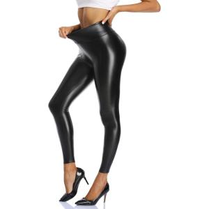 LIGHTBACK Women’s Faux Leather Leggings Stretchy High Waist Tummy Control Pleather Pants Sexy PU Leather Tights(Black)