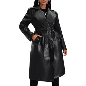 Leather Jacket Women Trench Coat Long Loose Button Lined Jacket Open Front Faux Motorcycle Coat with Belt(Black)