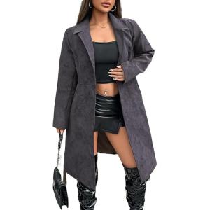 Leather Jacket Women Trench Coat Long Loose Button Lined Jacket Open Front Faux Motorcycle Coat with Belt(Gray 025)